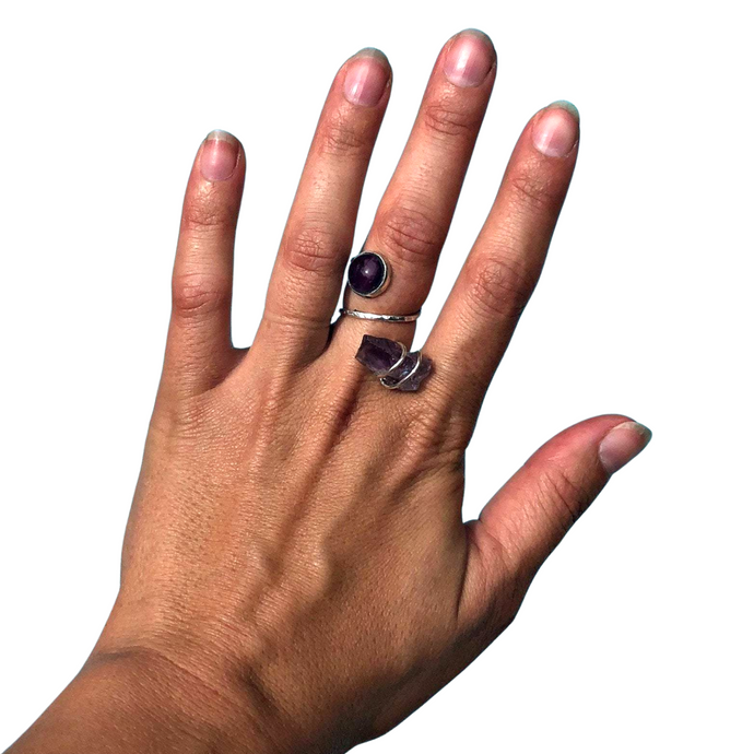 Amethyst Cabochon and Crystal, Two Stone Adjustable Silver Wrap Ring