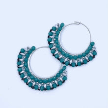 Load image into Gallery viewer, Teal Czech Glass and Silver Hoop Earrings