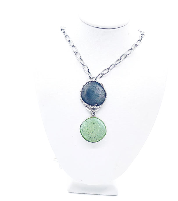 Double Pendant with Sterling Silver and Green Agate Druse, Stainless Steel Chain