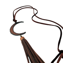 Load image into Gallery viewer, Gypsy Cowgirl Collection, Handmade Necklace, Oxidized Iron Moon, Copper, Brown Leather Adjustable Cord, Brown Leather Tassel