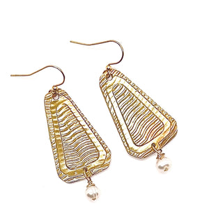 Bronze Textured Reversed Shield Earrings with Freshwater Pearl Dangles