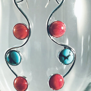 Handmade Earrings, Sterling, Coral Spiny Oyster, Kingman Turquoise