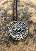 Load image into Gallery viewer, Floral Sterling Silver Pendant with Dark Brown Leather, Interchangeable Stone Center
