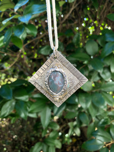 Sterling Silver & Moss Agate Pendant Necklace, Harmony Geometric Series, Interchangeable Stone Feature on Leather