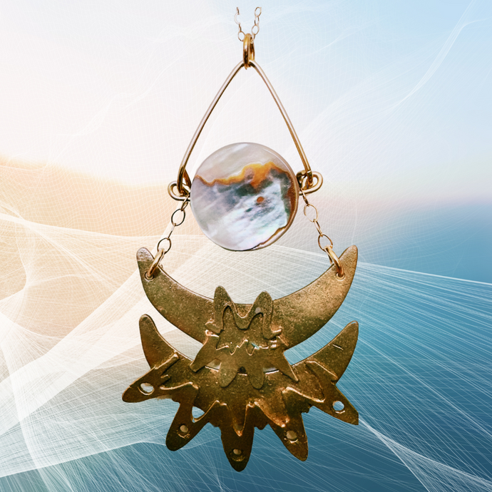 Abalone and bronze celestial inspired pendant necklace