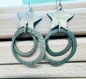 Celestial Bronze Star and Circle Dangle Earrings with French Wires - New Item