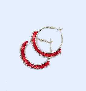 Gold Beaded Hoop Earrings with Red Cube Beads