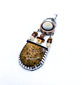 Petrified Palm Wood, Mixed Agate Pendant, Silver and Copper