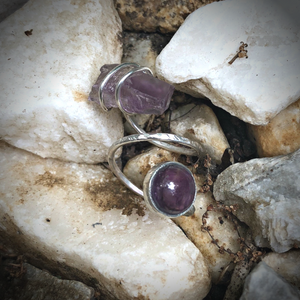 Amethyst Cabochon and Crystal, Two Stone Adjustable Silver Wrap Ring