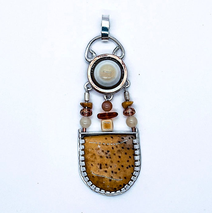 Petrified Palm Wood, Mixed Agate Pendant, Silver and Copper
