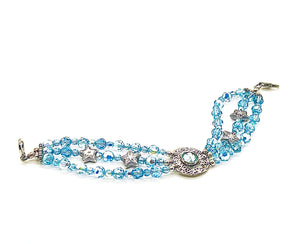 Round Textured Sterling Silver Moon with Aquamarine and Crystal 3 Strand Bracelet