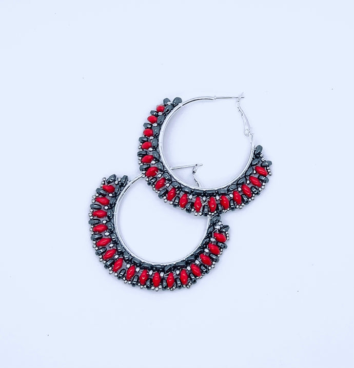 Red, Black and Silver Beaded Hoop Earrings