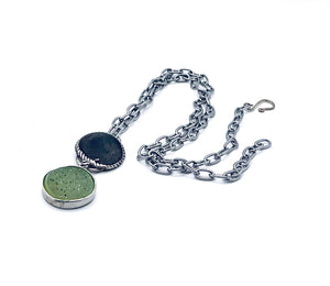 Double Pendant with Sterling Silver and Green Agate Druse, Stainless Steel Chain
