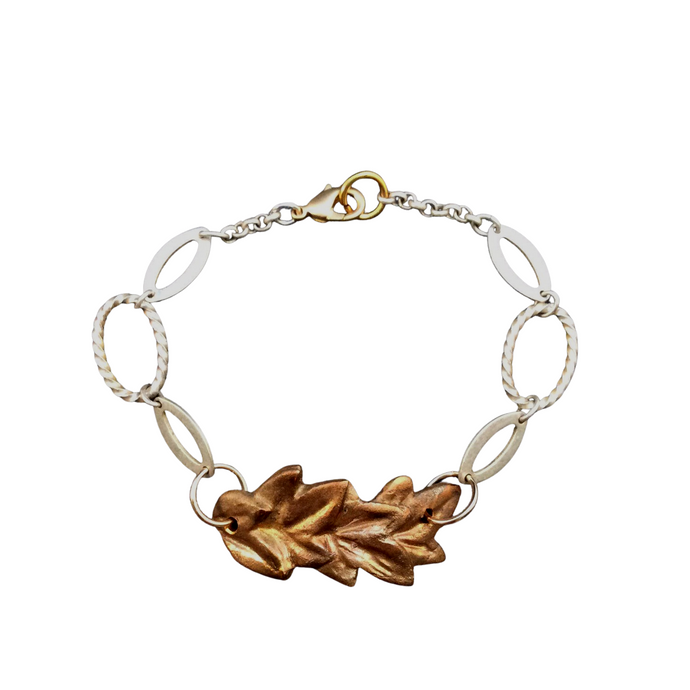 Bronze  Leaf and Silver Aluminum Chain Link Bracelet, Oval links, Size Adjustable