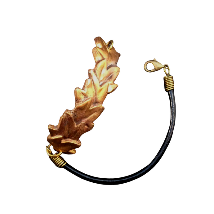 Handmade Bronze leaf bracelet on Black leather