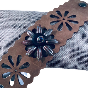Leather Floral Motif Bracelet with Glass and Stainless Accents, Adjustable, Gypsy Cowgirl Collection,