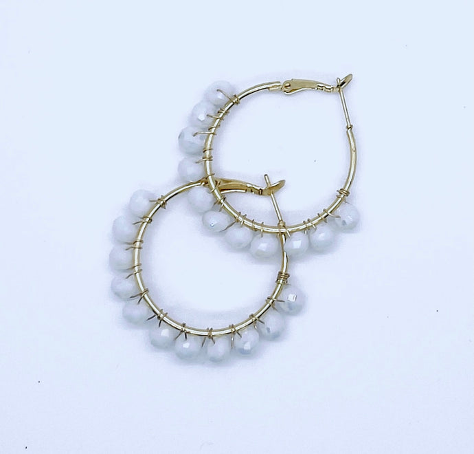 Gold, White Czech Beaded Hoop Earrings