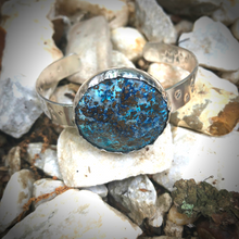 Load image into Gallery viewer, Round Chrysocolla Stone on Stamped Textured Sterling Silver Cuff Bracelet, Earth&#39;s Treasures Collection