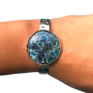 Round Chrysocolla Stone on Stamped Textured Sterling Silver Cuff Bracelet, Earth's Treasures Collection