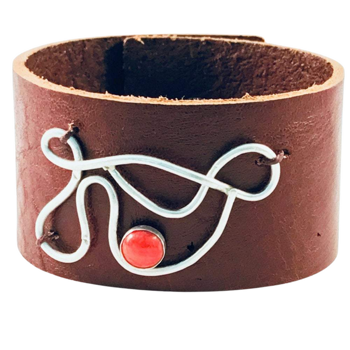 Handmade bracelet, rust colored leather, fine silver center accent set with coral spiny oyster cab