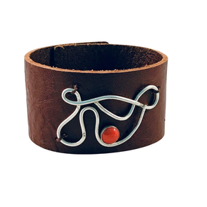 Handmade bracelet, rust colored leather, fine silver center accent set with coral spiny oyster cab