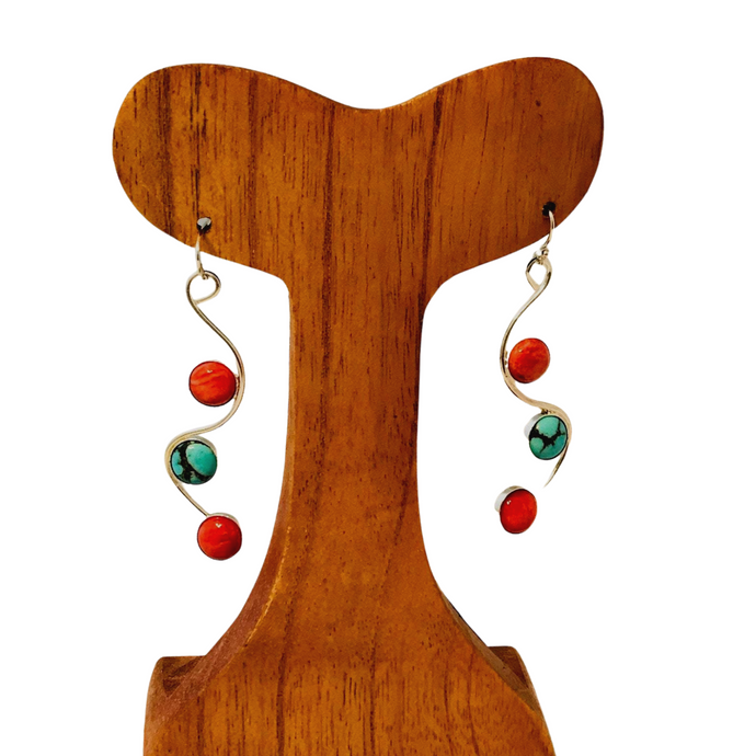 Handmade Earrings, Sterling, Coral Spiny Oyster, Kingman Turquoise