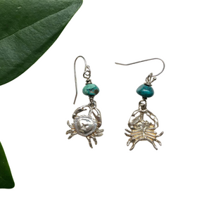 Handmade Crab Earrings, Turquoise, Sterling Silver, OOAK, Harmony Sea Life Series
