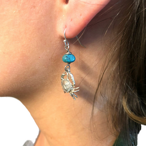 Handmade Crab Earrings, Turquoise, Sterling Silver, OOAK, Harmony Sea Life Series