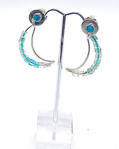 Crescent Moon Dangle Earrings, Opal Post with Sterling Wire and Cube Beads