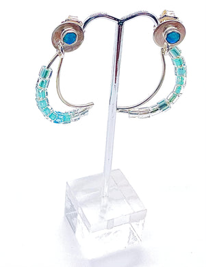 Crescent Moon Dangle Earrings, Opal Post with Sterling Wire and Cube Beads