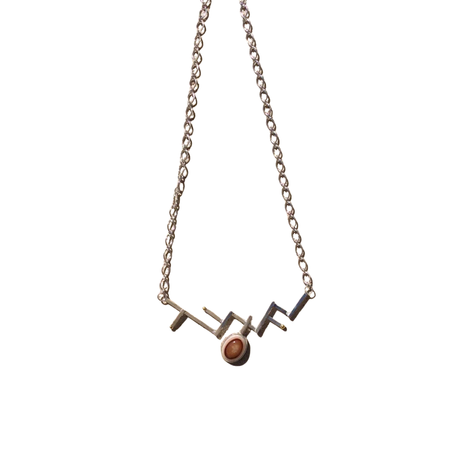 Bar Necklace, Eye Agate  Cabochon,  Sterling Silver , 22k yellow gold