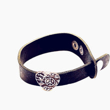 Load image into Gallery viewer, Sterling Silver Heart with Peace Sign on Black Leather Wrap Bracelet