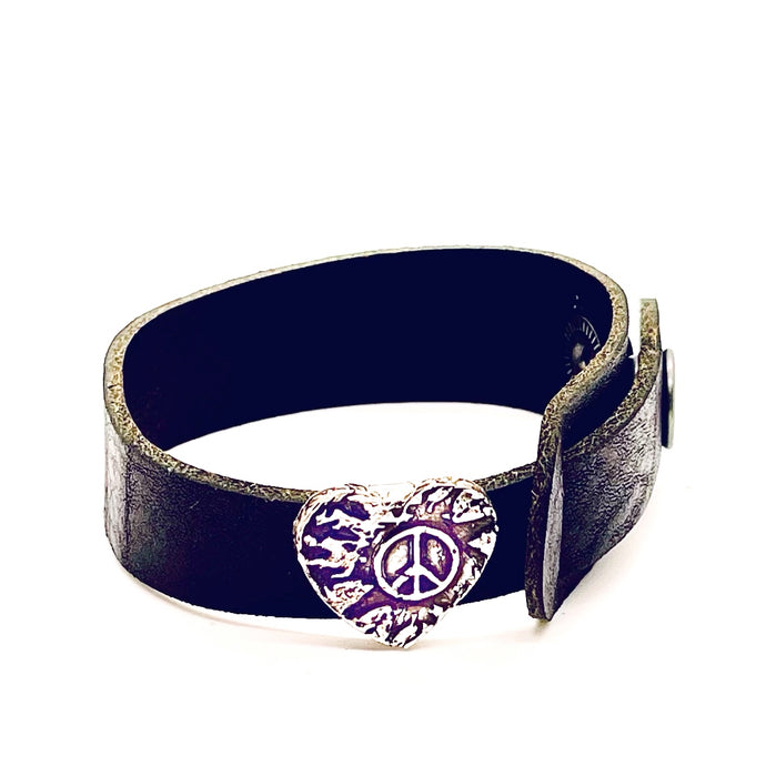 Sterling Silver Heart with Peace Sign on Black Leather Wrap Bracelet