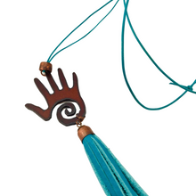 Load image into Gallery viewer, Handmade Necklace, Oxidized Iron Hand, Copper, Blue Leather Adjustable Cord, Blue Leather Tassel