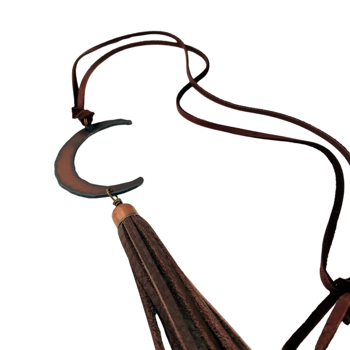 Gypsy Cowgirl Collection, Handmade Necklace, Oxidized Iron Moon, Copper, Brown Leather Adjustable Cord, Brown Leather Tassel