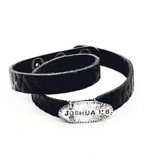 Load image into Gallery viewer, Joshua 1:8 Sterling Silver Bible Verse on Black Leather Wrap Bracelet