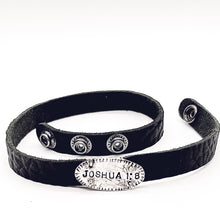 Load image into Gallery viewer, Joshua 1:8 Sterling Silver Bible Verse on Black Leather Wrap Bracelet