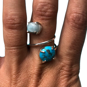 Kingman Turquoise and Larimar Sterling Wrap Ring, Adjustable, Earth's Treasures Collection