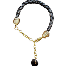 Load image into Gallery viewer, Braided Black Leather and Gold Toned Unisex Bracelet,  Black Recycled Glass Bead Accent