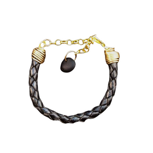 Braided Black Leather and Gold Toned Unisex Bracelet,  Black Recycled Glass Bead Accent