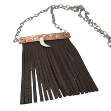 Load image into Gallery viewer, Gypsy Cowgirl Collection, Handmade Necklace, Silver Moon and Stars on Copper with Flat Leather Fringe and Stainless Chain