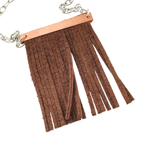 Gypsy Cowgirl Collection, Handmade Necklace, Silver Moon and Stars on Copper with Flat Leather Fringe and Stainless Chain