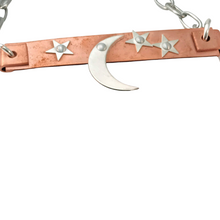 Load image into Gallery viewer, Gypsy Cowgirl Collection, Handmade Necklace, Silver Moon and Stars on Copper with Flat Leather Fringe and Stainless Chain