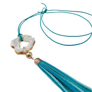 Handmade Necklace, Gypsy Cowgirl Collection,, White Agate Druse, Silver and Turquoise Leather Tassel