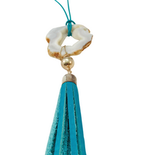 Load image into Gallery viewer, Handmade Necklace, Gypsy Cowgirl Collection,, White Agate Druse, Silver and Turquoise Leather Tassel