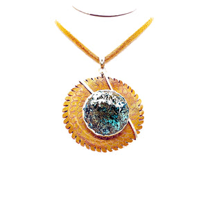 Bronze Etched Flower Pendant, set with Chrysacolla Stone on Leather Necklace