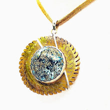 Load image into Gallery viewer, Bronze Etched Flower Pendant, set with Chrysacolla Stone on Leather Necklace