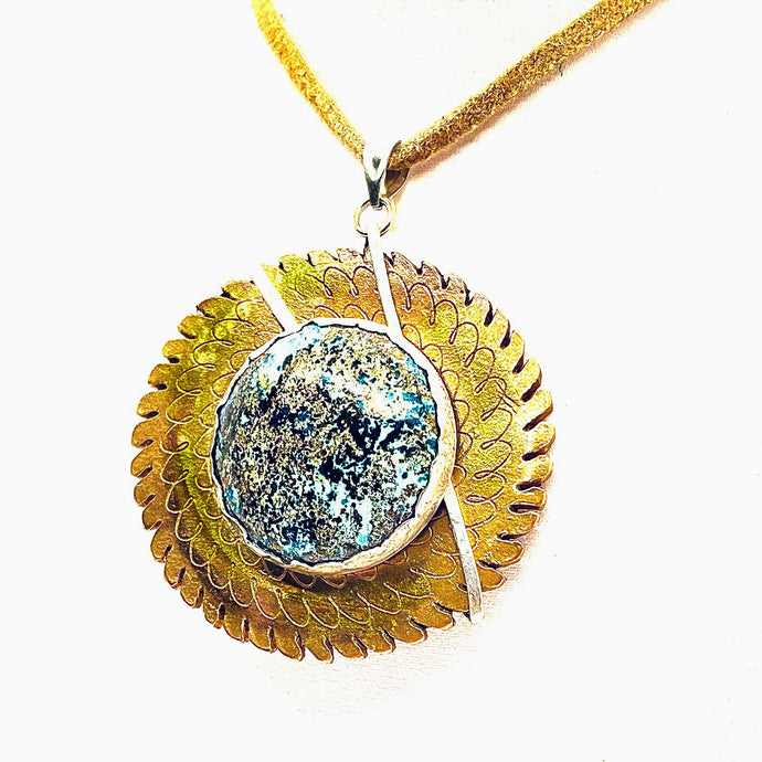Bronze Etched Flower Pendant, set with Chrysacolla Stone on Leather Necklace