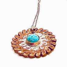 Load image into Gallery viewer, Red Bronze Flower Pendant with Kingman Turquoise on Sterling Chain