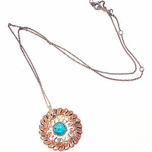 Red Bronze Flower Pendant with Kingman Turquoise on Sterling Chain